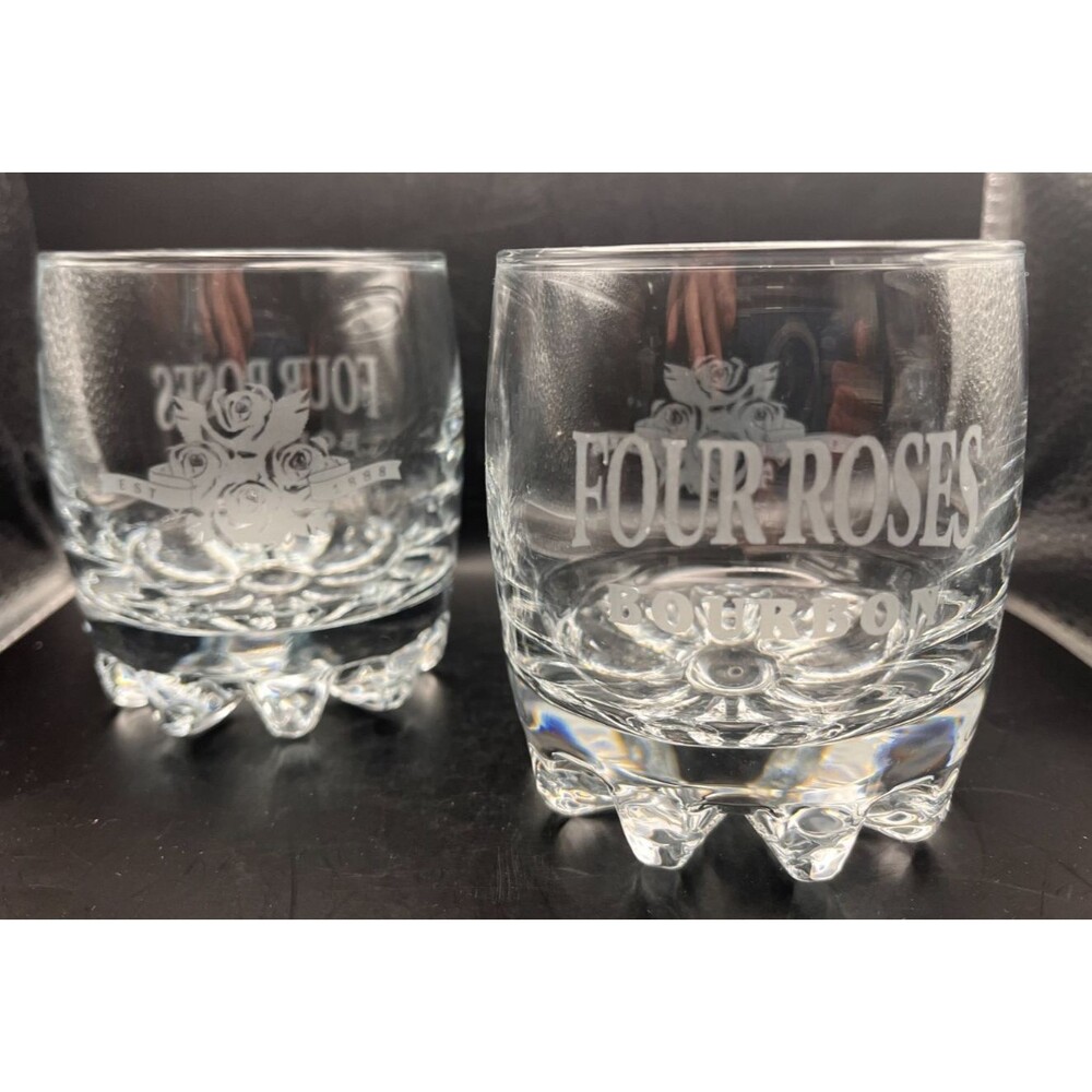 Four Roses Bourbon Whiskey Etched Glasses Set of 2 Heavy Footed Bottom KY